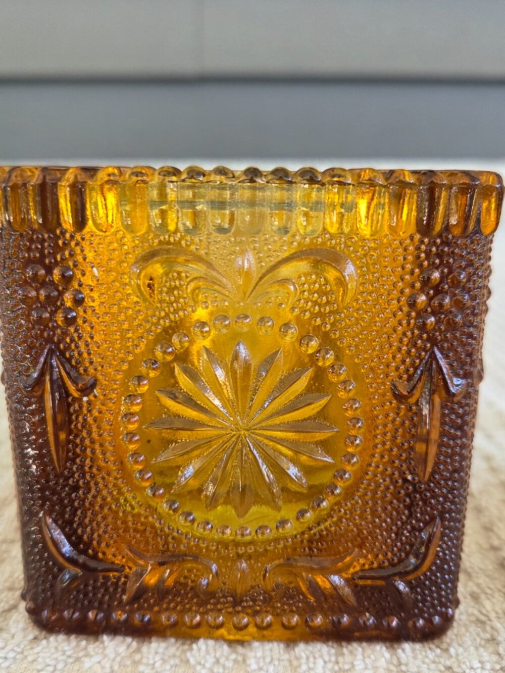 Brockway Glass Amber American Concord Pressed Glass Pillar Votive Candleholder